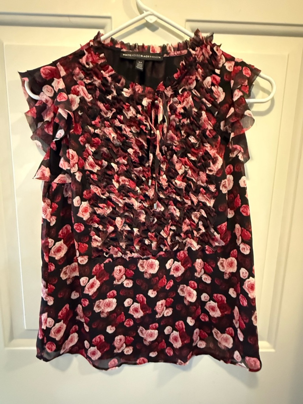 White House Black Market Black Floral Ruffle Sleeveless Blouse